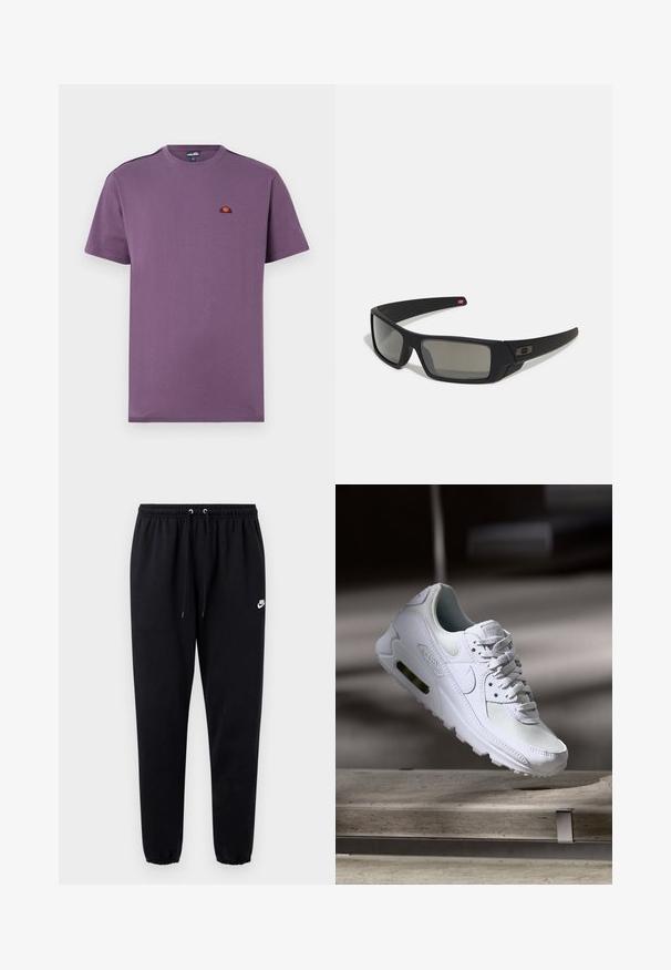 Lila pamut póló kerek nyakkal és rövid ujjakkal. Kicsi hímezett logóval rendelkezik a mellrészen és homogén textúrával bír.; Fekete, puha anyagból készült melegítőnadrág, mely gumírozott derékrésszel, húzózsinórral, szűkített szárakkal és egy kis fehér logóval a bal oldalon rendelkezik.; Fehér Nike Air Max 90 sneaker, amely hálós és bőr felsőrésszel, perforált orr-résszel és látható légpárnás egységgel rendelkezik a saroknál.; Fekete napszemüveg matt felülettel, téglalap alakú lencsékkel, enyhe ívvel a templomokon, diszkrét logó részlettel és füstszínű lencsékkel.