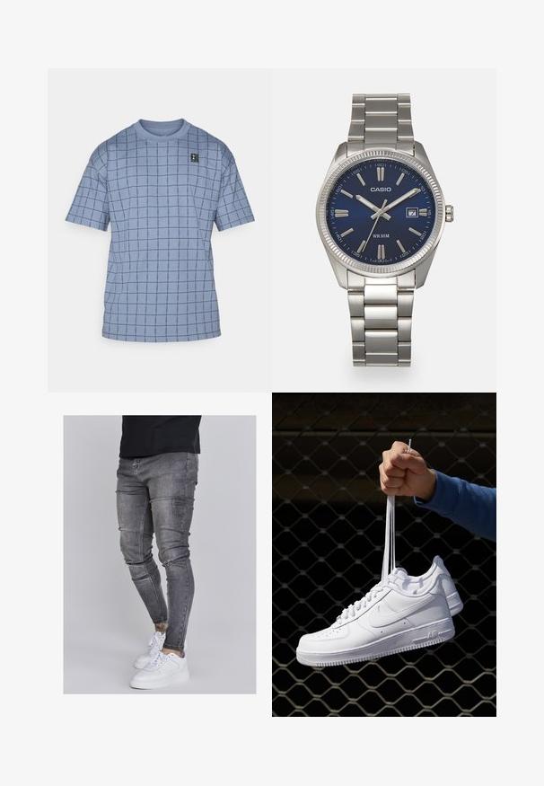 Tricou scurt cu mânecă, de culoare albastru deschis, având un model în carouri de culoare albastru închis, cu un mic etichetă logare neagră în partea din stânga sus. Material moale din bumbac.; Blugi skinny din denim gri estompat, cu detalii uzate la genunchi, asortați cu adidași albi. Textură netedă, design slim fit.; Adidași albaștri din piele cu perforații, vârf rotund, talpă plată și șireturi groase, cu un logo swoosh vizibil și cu inscripția "AIR" pe toc.; Ceas de mână din oțel inoxidabil argintiu cu un cadran albastru marin, marcaje orare metalice și o fereastră pentru dată la ora 3. Rezistent la apă până la 50 de metri.