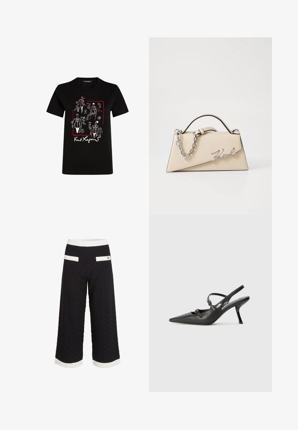 Mustast puuvillane t-särk, millel on moekunstiteosed valge ja punase värviga, allservas allkiri. Tavaline ümar kaelus ja lühikesed varrukad.; Mustad lühikesed püksid tekstureeritud, kootud mustriga. Omab valgeid aktsenttriipe vööl ja hemil, lisaks kaks tagumist taskut.; Must musta slingback kontsad, terava nina, peenike konts ja dekoratiivne pandla detail peal. Sile tekstuur ja stiilne disain.; Bež nahkplekuga kott, millel on struktureeritud kolmnurkne kuju, hõbedase ahela käepide ja kursiivne metallist logo.