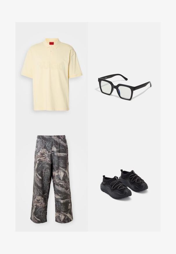 Svetlá žltá polo tričko vyrobené z bavlny, s jemnou textúrou, s golierom, dvoma gombíkmi a veľkým tonálnym logom "HUGO" na prednej strane.; Nohavicový strih s camo vzorom v tlmených odtieňoch sivej a hnedej farby, s elastickým pásom a voľným strihom na zvýšenie pohodlia a pohyblivosti.; Čierne športové topánky s textúrovanou gumovou podrážkou, polstrovaným textilným zvrškom, elastickým šnúrkami a pútkami na päte pre jednoduché obúvanie.; Čierne slnečné okuliare s matným povrchom, so priehľadnými šošovkami a jemným modrým odtieňom na jednej strane. Robustný, uhlový dizajn.