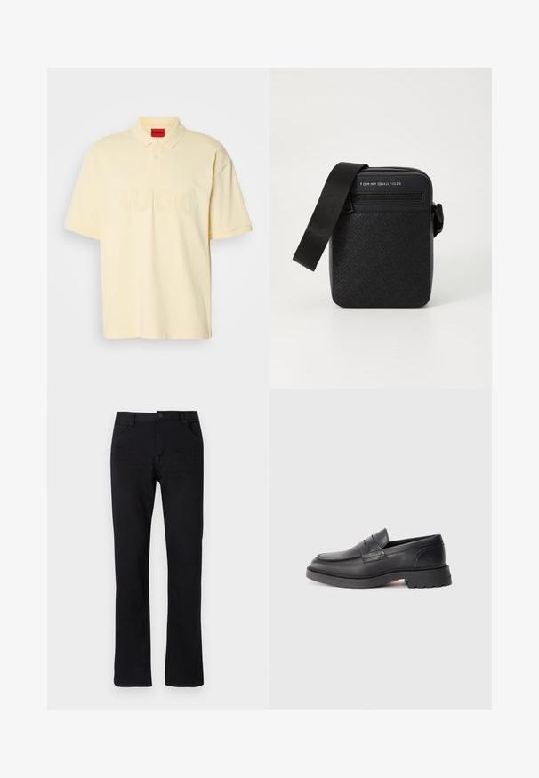 Jasnożółta koszulka polo wykonana z bawełny o miękkiej teksturze, z kołnierzykiem, dwoma guzikami i dużym tonowym logo "HUGO" z przodu.; Czarne dżinsy proste z denimu. Posiadają zamek błyskawiczny, pięć kieszeni i subtelne przeszycia. Płaski pas z pętlami na pasek.; Czarne skórzane loafersy z zaokrąglonym noskiem, podniesionym szwem i grubą gumową podeszwą. Prosty design z minimalnym logo po bokach.; Tommy Hilfiger UNISEX czarny