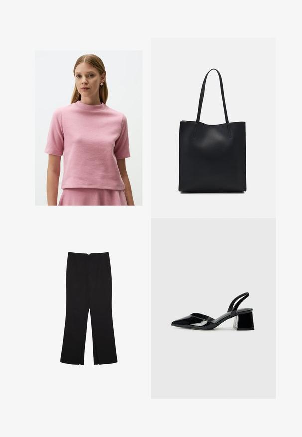 Jimmy Key HALF TURTLENECK SHORT SLEEVE - T-shirt basic - pink; Zwarte broek met een rechte pasvorm, voorzien van zijzakken en plooien aan de onderzijde. Gemaakt van zachte, gladde stof. Geschikt voor verschillende gelegenheden.; Zwarte gepatineerde leren slingback hakken met een spitse neus en een geometrische blokhak. Kenmerkt zich door een slank, minimalistisch ontwerp en een gladde textuur.; Zwarte leren handtas met een gladde textuur, rechthoekige vorm en twee lange handvaten. Geen zichtbare hardware of versieringen.