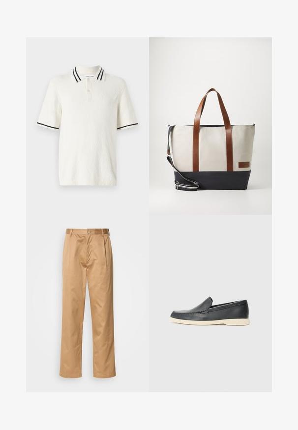 Rövid ujjú pólóing törtfehér textúrált anyagból, kötött gallérral, amelyen két fekete csík található, és három gombos gallérnyitással.; Khaki nadrág, pamut keverék, egyenes szabású, elülső redők, övtartók és gombos zárás. Simább textúra minták nélkül.; Fekete bőr, slip-on stílusú loaferek, texturált felülettel és kontrasztos bézs gumitalppal. A frontrészén finom díszítéssel rendelkezik.; Vászon bevásárlótáska barna bőr fogantyúkkal és tengerészkék aljjal. Állítható pánttal és márkás címkével a oldalán.