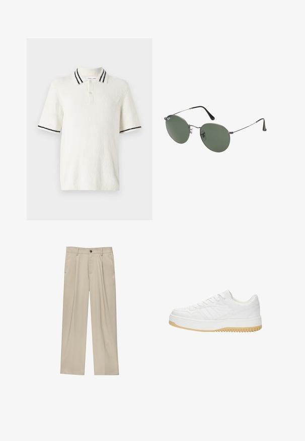 Kortærmet polo shirt i off-white tekstureret stof, med en strikket krave med to sorte striber og en tre-knaps lukning.; Beige bukser med lige snit, der har en enkelt sort knap, bæltestropper og sidelommer. Glat stoftekstur og minimalistisk design.; Hvide lædersneakers med struktureret finish, der har en gummisål, snørebåndsdesign og diskrete stribedetaljer på siderne.; Metalrammede solbriller med ovale grønne linser. Tynd sølvmetalramme og sorte ørepropper. Minimalistisk design, ingen synlige logoer.