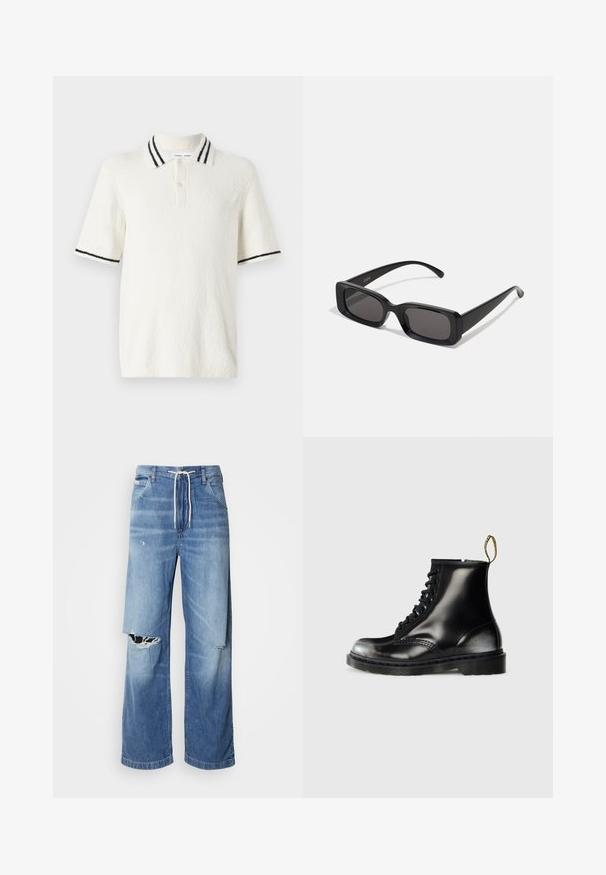 Poloko s krátkym rukávom v off-white textilnej tkanine, s pleteným golierom s dvoma čiernymi pruhmi a s troj gombíkovou légou.; Svetlomodré džíny s voľným strihom, so bielym šnúrkovým pásom a výraznými roztrhnutiami na prednej strane, ktoré odhaľujú rozstrapkané okraje.; Čierne kožené členkové topánky s lesklým povrchom, s ôsmymi otvorom pre šnurovanie, čiernymi šnúrkami a s náťahovým pútkom. Majú textúrovanú podrážku.; Čierne obdĺžnikové slnečné okuliare s tmavými šošovkami, lesklým povrchom, širokými ramenami a robustným rámovým dizajnom. Vygravírované meno značky na jednom ramene.