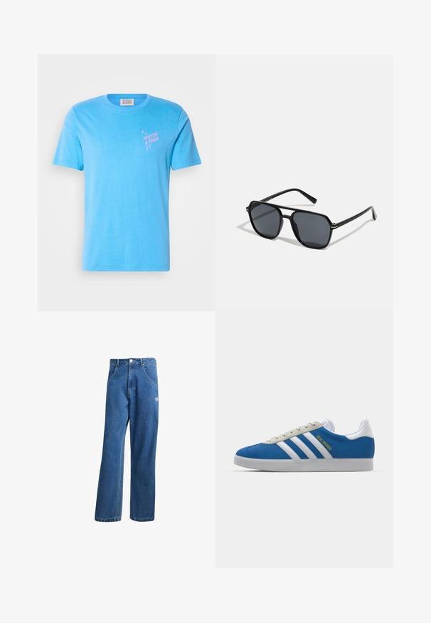 Light blue cotton t-shirt with short sleeves and a crew neckline. Features a pink graphic logo on the left chest area.; Blue high-waist wide-leg denim jeans with front pockets, belt loops, button closure, and small Adidas logo on the right thigh.; adidas Originals ADIDAS GAZELLE SHOES - Indoor football boots - real madrid/bluebird/footwear white/crew yellow; Black sunglases with octagonal frame, dark lenses, glossy finish, thin temples, and gold accents on the front.; White pearl necklace with a uniform round shape, smooth surface, and metal clasp with an extension chain for adjustable length.