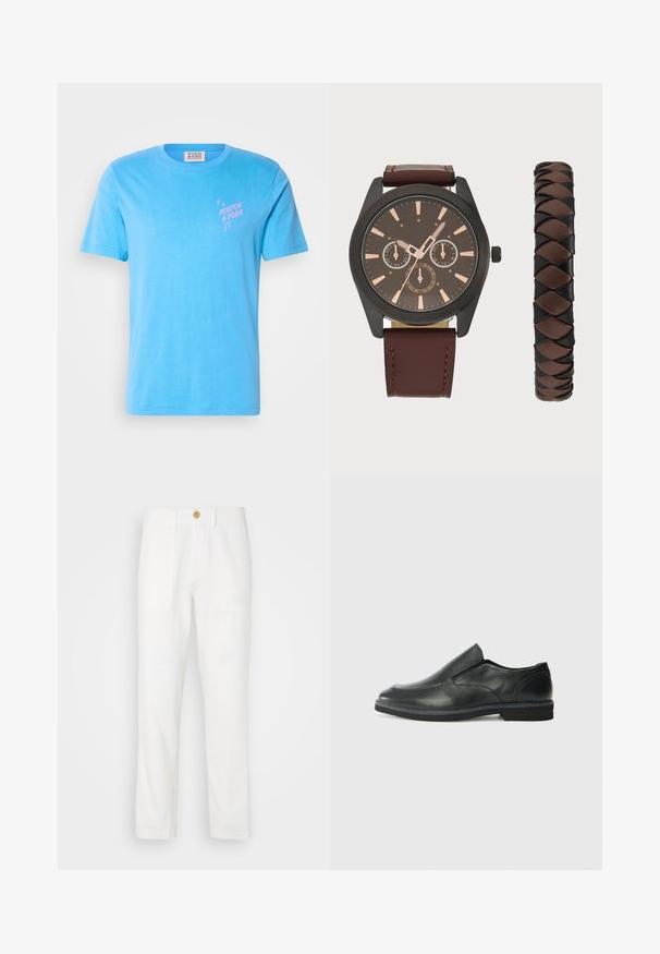 Light blue cotton t-shirt with short sleeves and a crew neckline. Features a pink graphic logo on the left chest area.; White fabric trousers with a straight cut, featuring two front pockets and a button closure. Smooth texture and clean design.; Black leather slip-on shoe with a smooth upper, stitched accents, rounded toe, and a low rubber heel. Sole features minimal tread.; Pier One SET - Watch - black/brown