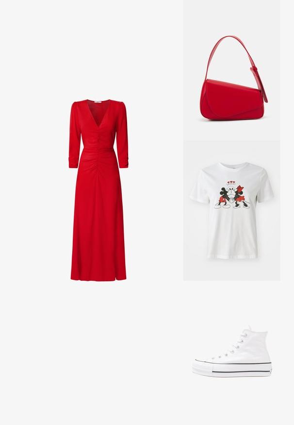 Tricou din bumbac alb cu un grafic al lui Mickey și Minnie Mouse, având accente roșii. Textul de deasupra spune "SMACK!" într-un font jucăuș.; Rochie roșie cu decolteu în V, mâneci trei sferturi și detalii pliate la talie și spate. Materialul pare neted și ușor.; Adidași albi tip pantofi sport cu glezna din pânză, cu talpă din cauciuc negru, capac de vârf din cauciuc frontal și șase ochiuri pentru șireturi, având un design curat și minimalist.; Geantă de mână din piele roșie, cu un design unghiular și geometric. Dispune de o singură curea ajustabilă și un sistem de închidere cu clapetă, cu detalii cusute.