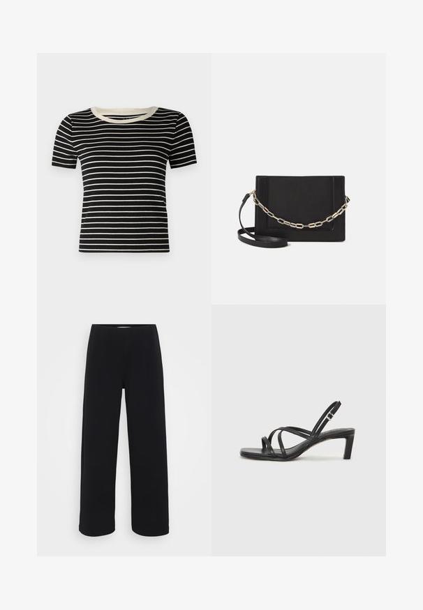 GAP Petite CROP TEE - Paprasti marškinėliai - black/white; Juodos plačios kelnės su elastingu juosmeniu. Pagamintos iš tekstūruotos medžiagos, turi laisvą siluetą ir tiesų kirpimą nuo klubų iki krašto.; Juodi šlepetės su kvadratiniu pirštu ir žemu bloku kulnu. Yra keli ploni dirželiai ir reguliuojamas kulkšnies diržas. Pagaminti iš lygios odos.; Juodas odinis per petį nešiojamas krepšys turi lygų paviršių, stačiakampio formą ir metalinę grandinėlę priekyje. Pridedama reguliuojama dirželis.