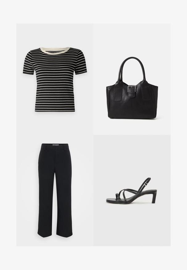 GAP Petite CROP TEE - Basic T-shirt - black/white; Black wide-leg trousers with a smooth texture, featuring a flat waistband and side pockets, designed with a minimalist aesthetic.; Black strappy sandal with a square toe and a low block heel. Features multiple thin straps and an adjustable ankle strap. Made of smooth leather.; Black leather tote bag with smooth texture, structured shape, two handles, and a prominent silver buckle detail on the front.