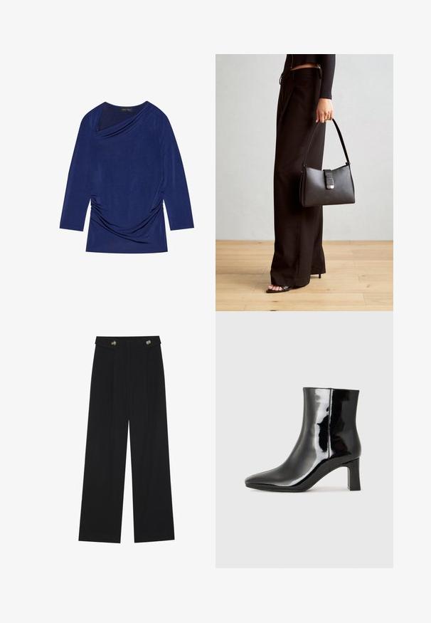 Tumši zila garām piedurknēm krekliņš ar plūstošu dekoltē, savāktām sānu detaļām un mīkstu, elastīgu audumu. Etiķete vēsta "ANNA FIELD".; Melnas platās bikses ar augstu jostasvietu, pogu detaļām uz jostas un priekšējām krokām.; Melnas patentētas ādas potīšu zābaki ar norādītu pirkstu un vidēja augstuma kvadrātveida papēdi. Gluda tekstūra un minimālisma dizains.; Melnā somiņa ar strukturētu formu, gludu tekstūru un metālu sprādzi. Saskaņota ar platām melnām biksēm un sandālēm ar atvērtu purngalu uz koka grīdas.