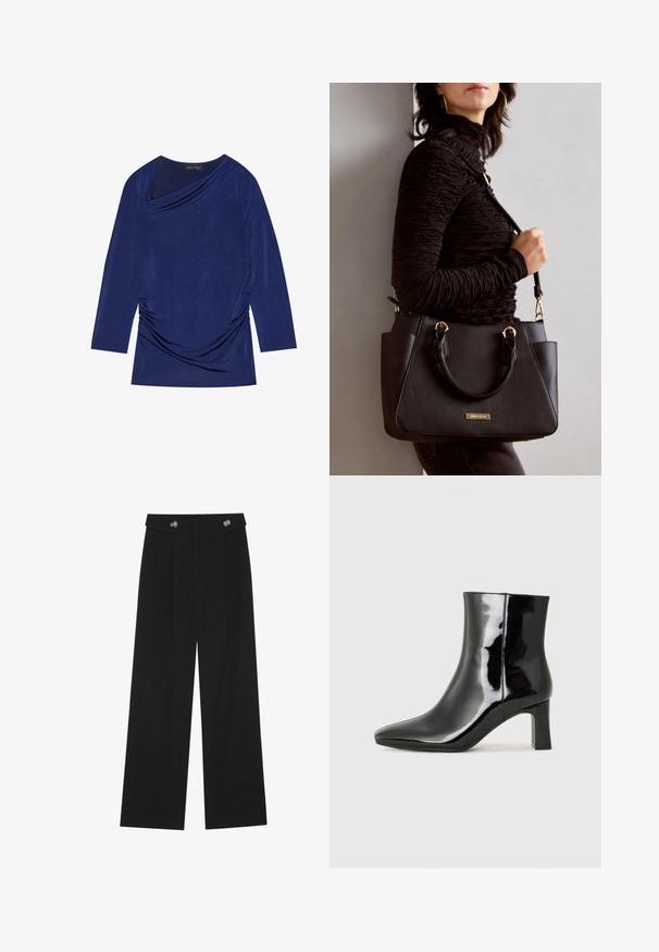 Tummansininen pitkähihainen paita, jossa on laskeutuva pääntie, rypistynyt sivuosa ja pehmeä, joustava kangas. Hinta on "ANNA FIELD."; Mustat leveälahkeiset housut, joissa on korkea vyötärö, napit vyötärönauhassa ja etupuolella laskokset.; Musta patenttilakattu nilkkuri, jossa on terävä kärki ja keskipitkä lohkarekorko. Silkkinen pinta ja minimalistinen muotoilu.; Musta käsilaukku, jossa on teksturoitu pinta, kaksi yläkantta ja säädettävä olkahihna. Varustettu kultasävyisillä varusteilla ja sivutaskuilla.