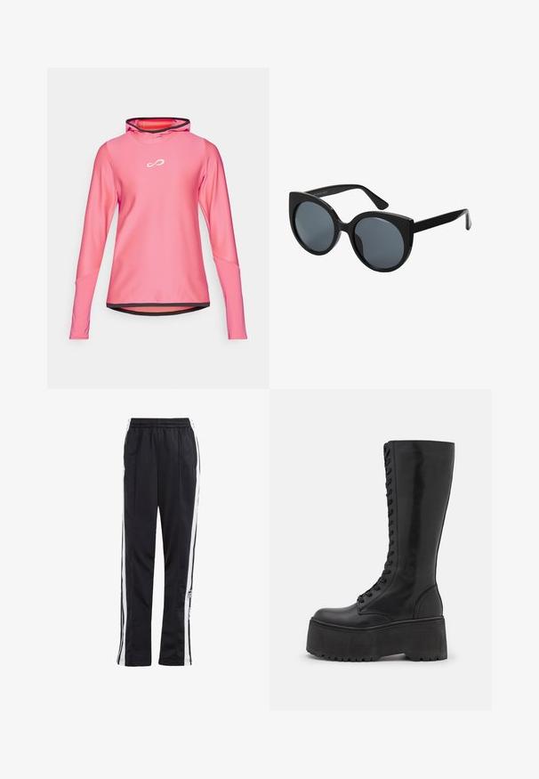 Kevyt, pitkähihainen huppari kirkkaan vaaleanpunaisena, jossa on hengittävä rakenne, pyöristetty helma ja mustareunainen kaula-aukko, jossa on logo.; Mustat urheiluhousut valkoisilla sivupinnoilla, joustava vyötärö ja logopainatus. Valmistettu sileästä, kevyestä kankaasta. Suora lahkeiden muoto.; Zign LEATHER - Nauhalliset saappaat - black; Mustat ylipainoiset aurinkolasit, joissa on kissansilmämuoto, tummennetut linssit ja kiiltävä muovikehys. Ominaisuuksiin kuuluvat paksut reunaosat tuen tarjoamiseksi.