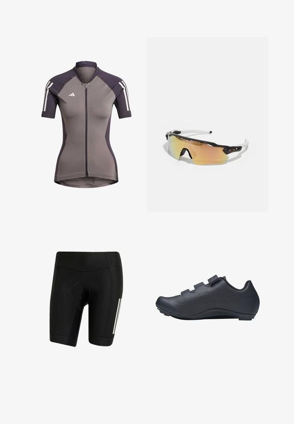 Jersey de ciclismo de manga corta en gris con acentos en púrpura oscuro, cierre frontal con cremallera y rayas blancas en los hombros. Hecho de una tela elástica.; Bermudas de ciclismo negras hechas de una tela elástica. Cuenta con un asiento acolchado, costuras planas y rayas verticales blancas en el lado izquierdo.; Zapatilla de ciclismo negra con un acabado mate y suave, que cuenta con tres correas ajustables, perforaciones para ventilación y un diseño curvado y aerodinámico.; Gafas de sol con montura en blanco y negro, lentes grandes espejados en tonos dorados y rosas, diseño aerodinámico y un borde exterior ampliado.