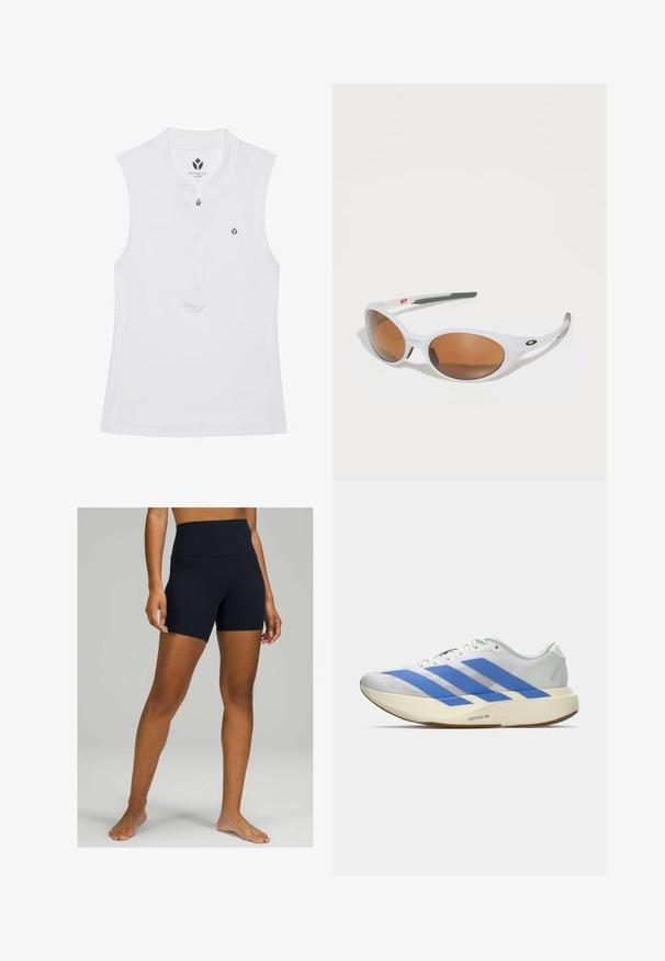 Biała bezrękawnik sportowy z wysokim kołnierzem, pół zamkiem i małym logo na klatce piersiowej. Gładka tekstura i dopasowany krój.; Czarne szorty z wysokim stanem wykonane z elastycznego materiału, charakteryzujące się gładką teksturą i dopasowanym krojem sięgającym do połowy uda.; Białe buty sportowe z niebieskimi paskami, teksturowana cholewka, płaska podeszwa i branding "LIGHTSTRIKE PRO" z boku. Niskoprofilowy design.; Białe okulary przeciwsłoneczne z brązowymi soczewkami, owalny kształt, wykonane z gładkiego plastiku, z szarymi akcentami na zausznikach i logo na oprawce.