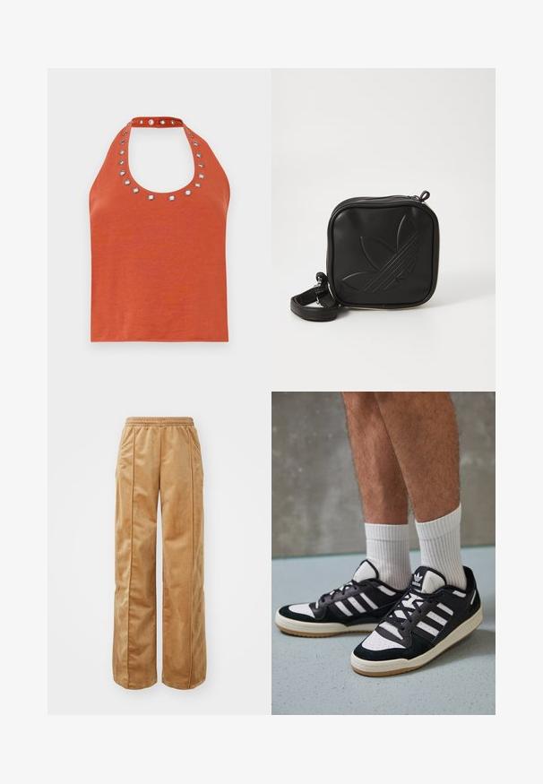 Top na halter v rustovej farbe s okrúhlym výstrihom, s striebornými očkami okolo goliera. Mäkkučká textúra a priliehavý dizajn.; Béžové široké nohavice vyrobené z mäkkého, zamatového materiálu. Obsahujú elastický pás a vertikálne švy na prednej strane pre dodatočný detail.; Čierno-biele tenisky s vrchom z semišu a kože, s troma bielymi pruhmi, perforovanou špičkou a gumovou podrážkou.; Čierna štvorec krossbody taška vyrobená z textúrovaného syntetického materiálu. Obsahuje embosovanú logo úpravu a nastaviteľný popruh. Zapínanie na zips.