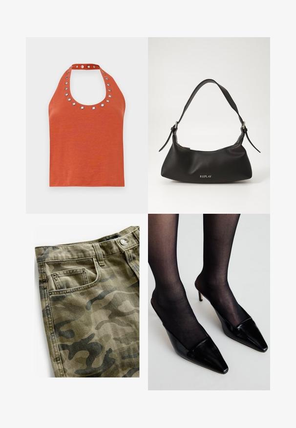 Top halter de color óxido con un escote redondeado, que presenta ojales plateados alrededor del cuello. Textura suave y diseño ajustado.; Next Shorts vaqueros - camo print; Mules de charol negro con punta afilada y un diseño bajo. Presentan un tacón delgado y se combinan con medias negras transparentes.; Bolso de mano de cuero negro con una textura suave, forma curvada y una correa corta ajustable; cuenta con un logotipo plateado en la parte frontal.; Collar de cadena de plata que presenta un gran colgante de cruz ornamentado con acentos afilados y un acabado pulido. La cadena es gruesa y plana.