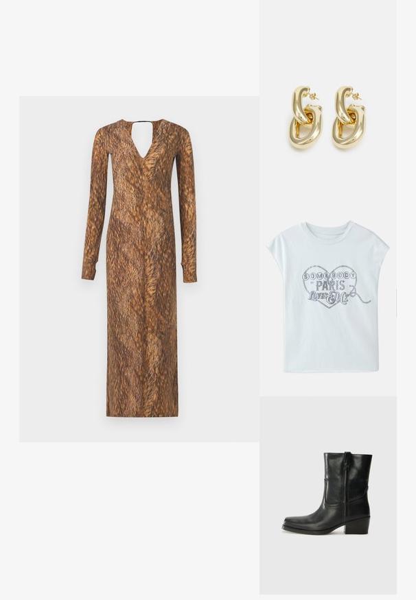 T-shirt di cotone azzurro chiaro con maniche corte, caratterizzato da un grafico a forma di cuore decorato con lettering metallico: "QUALCUNO A PARIGI MI AMA."; Abito a maniche lunghe con scollatura a V e retro con apertura a chiave, caratterizzato da una texture marrone simile alla pelliccia e da un motivo su tutto il tessuto.; Stivale ankle in pelle nera con punta arrotondata, tacco a blocco, cerniera laterale e dettagli in cucitura sulla tomaia. Texture liscia, design classico.; Borsa in pelle stampata a coccodrillo marrone con forma cilindrica, accessori in tonalità oro e una tracolla staccabile con borchie.; Rabanne XL LINK  DOUBLE HOOP EARRINGS - Orecchini - gold-coloured