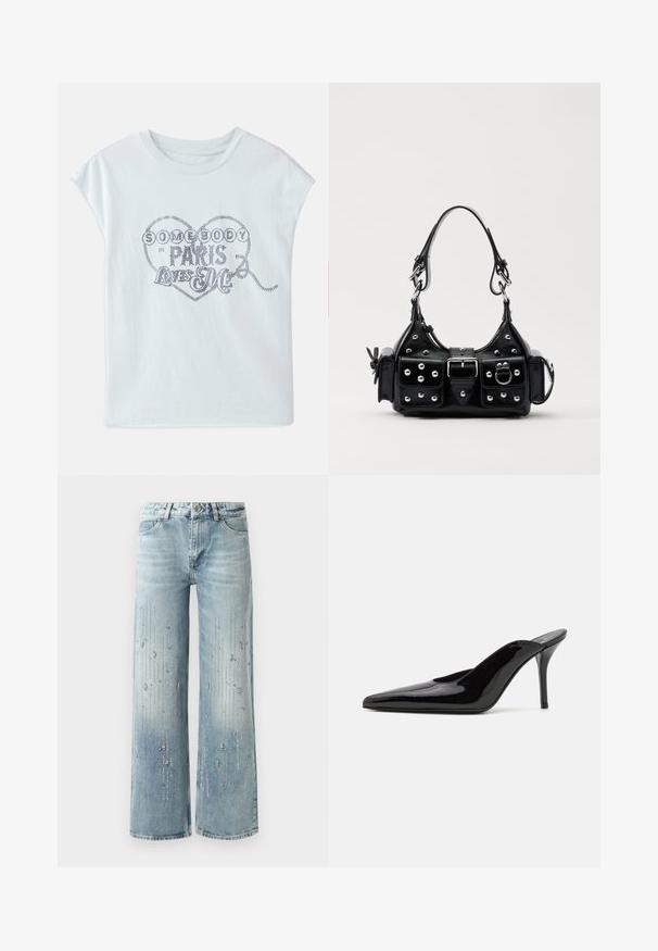 Šviesiai mėlynas medvilninis marškinėliai su trumpomis rankovėmis, kuriuose yra širdies grafika, papuošta metaliniu užrašu: "KAS NORS PARYŽIUJE MANE MYLI."; Šviesiai mėlynos plačios kojų džinsai, pagaminti iš denimo, su gradientiniu spalvų efektu ir sidabro spalvos cirkoniais vertikaliu raštu.; Juodas lakinės odos aukštakulnis sandalai su smailiu nosiu ir elegantiška siluetu, turintys atvirą nugarą ir ploną stiletą.; Juodas odinis rankinukas su kreiviu dizainu, su sidabro spalvos knopkėmis, užsegimu ir dviem šoninėmis kišenėmis. Reguliuojama dirželis nešimui.