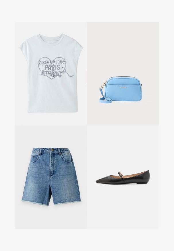 Lyseblå bomuld t-shirt med korte ærmer, prydet med en hjerte-grafik og metalisk tekst: "NOGEN I PARIS ELSKER MIG."; Lette blå denimshorts med høj talje, knaplukning, forlommer og rå kant for en afslappet pasform.; Sorte læder balletflade med spids tå og en side rem med et rundt guldaccent. Letvægts med en flad sål.; Lyseblå læder crossbody-taske med hardware i guld tone, lynlås lukning og en frontlomme. Har en justerbar rem for bekvemmelighed.