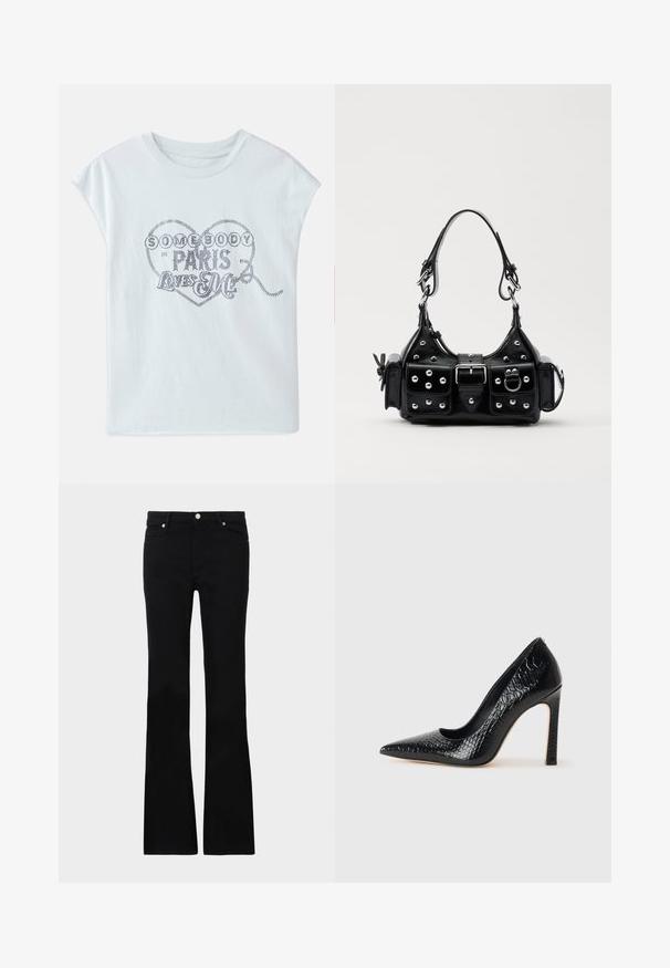 Lichtblauwe katoenen t-shirt met korte mouwen, voorzien van een hartafbeelding versierd met metalen letters: "IEMAND IN PARIJS HOU VAN MIJ."; Zwarte flared jeans van denim, met twee voorzakken, een knoopsluiting en een gladde textuur. Kenmerkende stiksels zichtbaar bij de naden.; Zwarte puntige hoge hak schoen met een krokodillenleren textuur, met een slank ontwerp, hoge stiletto-hak, en een gladde zwarte binnenkant.; Zwarte lederen handtas met een gebogen ontwerp, voorzien van zilveren studs, een gesp en twee zijvakken. Verstelbare schouderband voor verschillende draagmogelijkheden.