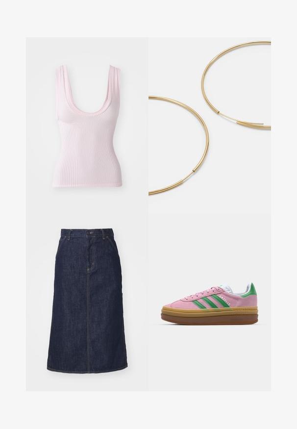 Ribota topiņa gaismas rozā krāsā ar ovālu kakla izgriezumu un platām siksnām. Audumam ir gluda, maiga tekstūra.; Tumša zila džinsu svārku ar augstu jostasvietu, taisnu piegriezumu, priekšējām kabatām un šuvēm. Iekļauta rāvējslēdzēja un pogas aizdare jostasvietā.; Rozā zamša kedas ar zaļām svītrām, baltām akcentiem un brūnu gumijas zoli. Izstrādātas ar teksturētu audumu un logotipa detaļām sānos.; Zelta krāsas auskari gredzena formā, plāni un apaļi, ar gludu metāla apdari un bez rotājumiem vai zīmējumiem.