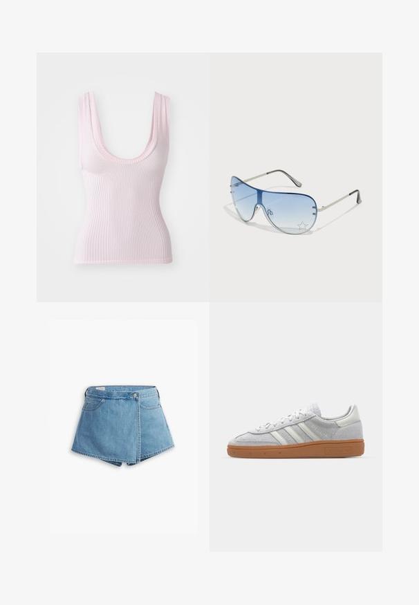 Csíkos ujjatlan felső világos rózsaszínben, kerek kivágással és vastag pántokkal. Az anyag sima, puha tapintású.; Világoskék farmer rövidnadrág, csavart kialakítással, elülső zsebekkel és fémből készült gombos záródással. Sima textúra, varrott szélekkel.; Világosszürke velúr sportcipő fehér bőrcsíkkal, három fehér csíkkal és barna gumitalppal, párnázott bokarésszel a kényelem érdekében.; Pilóta napszemüveg, melynek áttetsző kék lencséje, ezüst fém kerete és díszes csillag díszítések találhatók a lencsén. Simogató és elegáns dizájn.