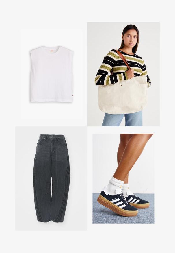 Vit ärmlös t-shirt i bomull med rund halsringning, rak skärning och en liten röd logotags vid nederkanten. Mjuk textur.; Baggy svarta denimjeans med en urtvättad finish, fem fickor, midjeband med knappstängning och sömnadsdetaljer framtill och på sidorna.; Svarta sneakers i mocka med vita ränder och detaljer, rundad tå, yttersula i gummiblandning, kombinerade med vita ribbade crew-strumpor.; Stor beige canvas-jutem väskan med bruna läderremmar, med en minimal design och synliga sömnadsdetaljer.