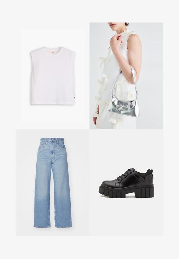 Hvid ærmeløs bomulds t-shirt med rund halsudskæring, lige snit og et lille rødt logo mærke ved bunden. Blød tekstur.; Lyseblå højtaljede bukser med bred benåbning, med frontknap og lynlås, samt for- og baglommer, på en hvid baggrund.; Sorte læder platform sko med en klodset blokhæl, rund tå og traditionelt snøredesign. Har en glat tekstur og minimal detaljering.; Sølvmetallic håndtaske med en struktureret form, der har et topgreb og en sløjfedetalje på forsiden. Glat tekstur, reflekterende finish.