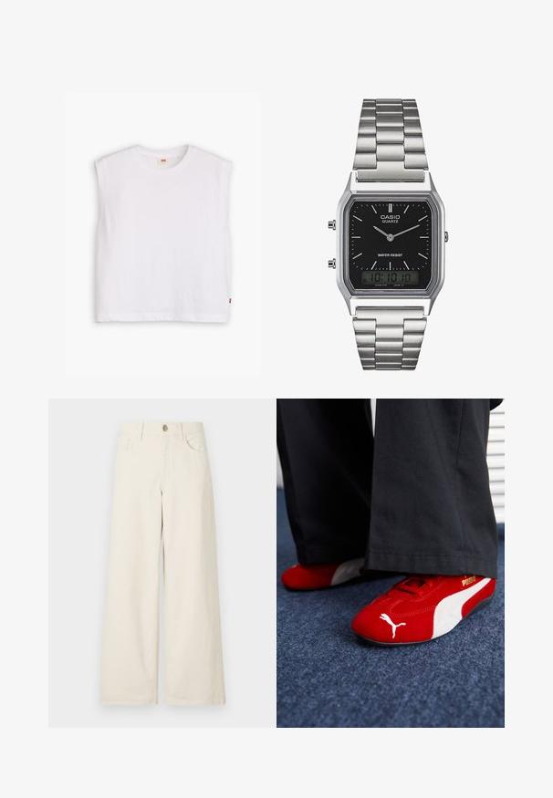 Weißes ärmelloses Baumwoll-T-Shirt mit rundem Halsausschnitt, geradem Schnitt und einem kleinen roten Logo-Tag am unteren Saum. Weiche Textur.; Cremefarbene weit geschnittene Hose aus einem Baumwollmischgewebe. Mit einem vorderen Knopfverschluss, Gürtelschlaufen und Seitentaschen. Glatte, strukturierte Oberflächenbeschaffenheit.; Rote Wildledersneaker mit weißen Akzenten, aus strukturiertem Material, mit runder Zehenpartie und einem goldenen Logo an der Seite, getragen mit schwarzen Hosen.; Silberner Edelstahl-Quartz-Uhr mit schwarzem rechteckigem Zifferblatt, ausgestattet mit analogen Zeigern, digitaler Anzeige und Wasserdichtigkeitslabel.