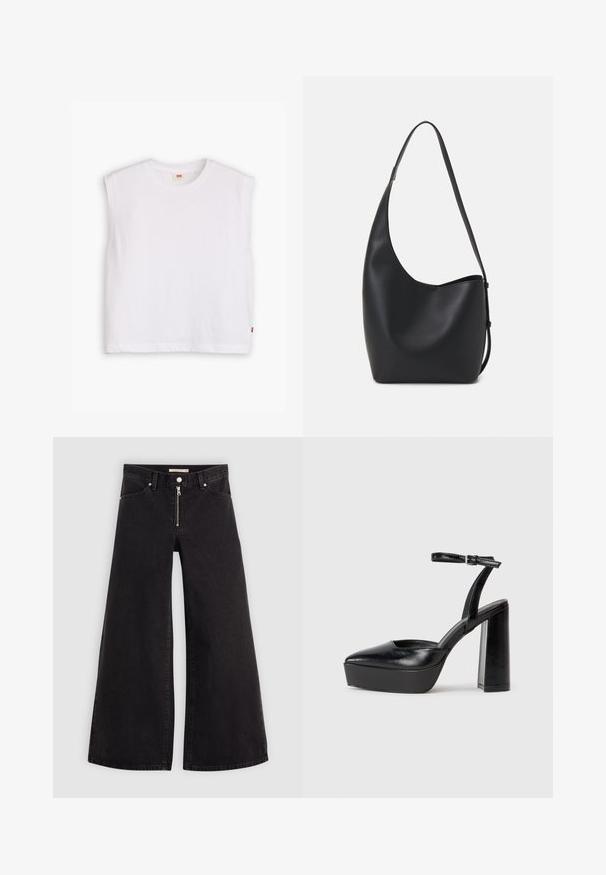 Balta be rankovių medvilninė marškinėlių su apvalia iškirpte, tiesiu kirpimu ir maža raudona etikete apatiniame krašte. Minkšta tekstūra.; Plačios kojų džinsai iš juodo džinsinio audinio su užtrauktuku priekyje, penkių kišenių dizainu ir subtiliais siuvinėjimo akcentais. Lygus paviršius ir laisvalaikio stilius.; Juodi platforminiai aukšti kulniukai su smailiu kojų pirštu ir reguliuojamu kulkšnies dirželiu. Pagaminti iš lygaus odos, turi masyvų blokinį kulną.; Juodas odinis hobo maišas su lygiu paviršiumi, kreipta forma ir viena reguliuojama rankena; turi platų atidarymą viršuje.