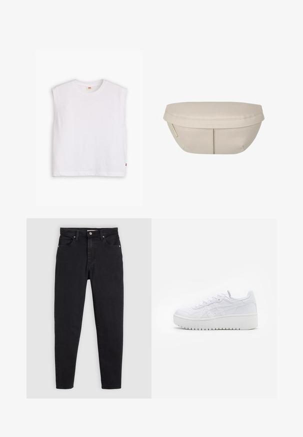 Maglietta senza maniche in cotone bianca con scollatura rotonda, taglio dritto e un piccolo etichetta rossa sul fondo. Tessuto morbido.; Jeans in denim nero con un design slim fit, cinque tasche e hardware di tonalità argentata. Presentano una chiusura con bottone e una texture liscia.; Sneaker piattaforma bianche con texture in pelle liscia, dettagli perforati e lacci piatti; presenta una robusta suola in gomma bianca.; Pochette in tessuto beige dalla forma arrotondata, con parte superiore piatta e dettagli di cucitura sottili. Include un logo minimalista e una strap laterale.
