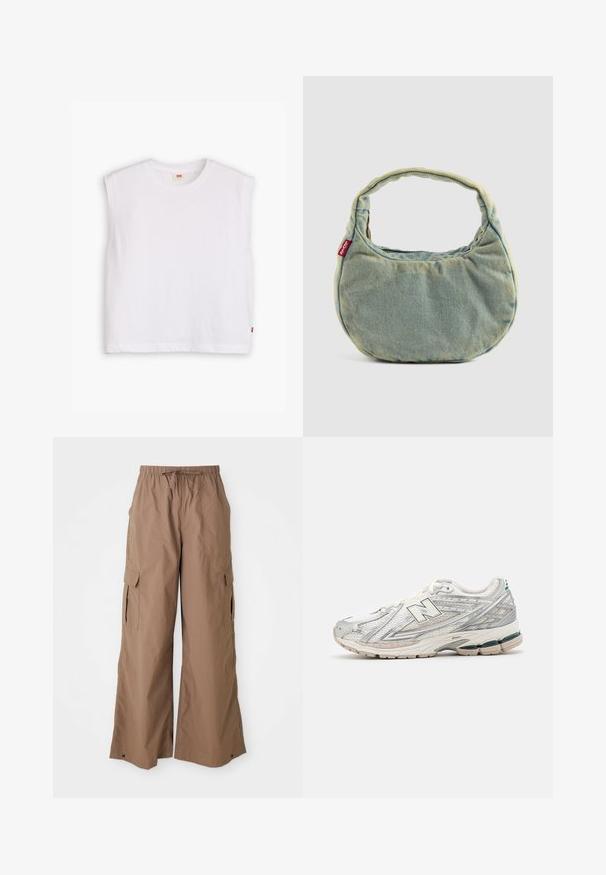 Hvid ærmeløs bomulds t-shirt med rund halsudskæring, lige snit og et lille rødt logo mærke ved bunden. Blød tekstur.; Brune løse cargo-bukser med snor i taljen og sidelommer med klap, bred ben-design, præsenteret mod en hvid baggrund.; Løbeskoen har en sølv- og hvid mesh-overdel med en grøn accent. Sålen er chunky og tekstureret, designet til polstring og støtte.; Lyseblå denim håndtaske med kort polstret håndtag og lille rød Levi's logo etikette på siden, sat op imod en ensfarvet baggrund.