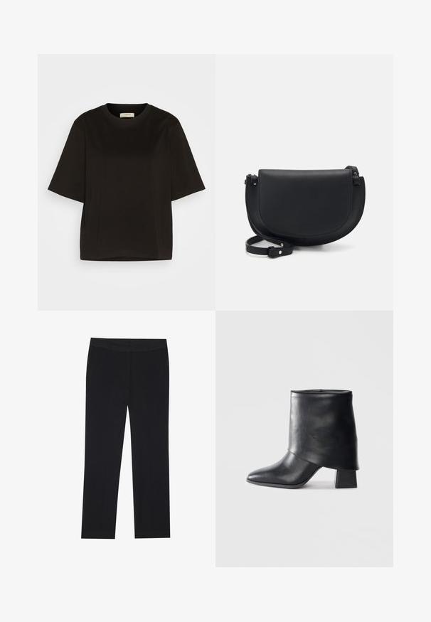 Lindex LOLA - Pamata T-krekls - black; Melni bikses ar taisnu kāju dizainu, ar sānu kabatām un gludu auduma tekstūru. Minimāla apdare, tīra jostasvieta.; Melnas ādas potītes zābaki ar norādītu purngalu, gludu tekstūru un strukturētu blokveida papēdi. Iezīmē augstu, salocītu apkakles dizainu.; Melna ādas crossbody soma ar izliekta formu, magnētisko atloku aizdari, regulējamu siksniņu un uzdrukātu logo detaļu priekšpusē.