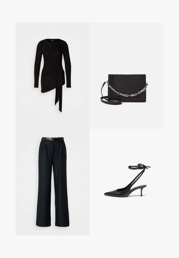 Black long-sleeve top made from a soft, stretchy fabric; features a side knot detail and an asymmetrical hemline.; Black wide-leg trousers made from smooth fabric, featuring front pleats and a matching black belt with a silver buckle.; Black leather stiletto shoe with a pointed toe, open back, and ankle straps tied in a bow. Slim 3-inch heel. Smooth texture, minimalist design.; Black leather crossbody bag featuring a smooth texture, rectangular shape, and a metallic chain detail on the front. Adjustable strap included.; Silver double-band ring with a smooth, polished surface. Features a fluid, curved design with overlapping sections for a modern look.