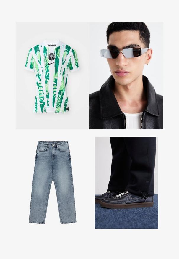 Camisa de futebol branca com padrões de folhas verdes e verde claro, gola redonda, logotipo da Nike e emblema da Federação Nigeriana de Futebol.; Deve azul claro com corte reto, costura visível, design de cinco bolsos e fecho de botão na cintura.; Nike Sportswear KILLSHOT 2 LTR PRM OPP2 - Sapatilhas - black sail baroque brown mtlc dk grey; Óculos de sol angulares com tonalidade cinza e detalhes em prata, contra um fundo claro. As lentes apresentam uma forma geométrica única.
