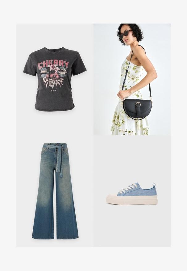 Tricou din bumbac negru, cu un imprimeu grafic de cireșe și flori în roșu și roz, având cuvântul "CHERRY" scris cu litere mari.; Pantaloni din denim largi, cu un gradient de la albastru deschis la albastru închis, talie înaltă, bucle pentru curea și o curea din același material. Finisaj texturat din denim.; Sneakers din pânză de culoare albastru deschis, cu vârf și talon din cauciuc crem, având șireturi albe și un maner pe călcâi.; Geantă din piele neagră, cu o formă curbată, curea detașabilă și accesorii aurii. Geanta are un capac cu un detaliu tip cataramă.