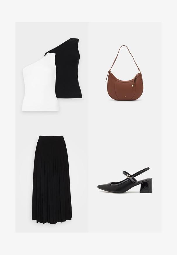 Asimetrične majice bez rukava u bijeloj i crnoj boji. Napravljene od rebraste tkanine s dizajnom jednog ramena. Glatka tekstura i kroj koji se prilagođava tijelu.; Crna plisirana suknja s visokim, rastezljivim pojasom. Izrađena od mekog materijala, s vertikalnim plisama koje stvaraju lepršav siluetu.; Crne lakirane slingback visoke potpetice s šiljastim vrhom, zaobljenim izrezom i blok potpeticom. Sadrži akcent zlatnog tona s kopčom.; Smeđa torba od umjetne kože s zakrivljenim oblikom, minimalnim šavovima i zlatnim metalnim detaljima. Ima zatvaranje na gornjoj strani sa patentnim zatvaračem i podesivu naramenicu.