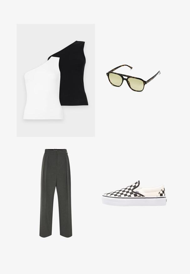 Asymetryczne topy na ramiączkach w białym i czarnym kolorze. Wykonane z prążkowanej tkaniny z projektem na jedno ramię. Gładka tekstura i dopasowany kształt.; Szare spodnie o szerokich nogawkach wykonane z fakturowanej tkaniny, z wysokim stanem i plisami z przodu. Projekt obejmuje gładki pas bez widocznych zapięć.; Czarno-białe buty slip-on Vans w kratkę z płóciennym wierzchem, gumową podeszwą i wyściełanym kołnierzem. Płaska, okrągła noska z białymi akcentami na podeszwie.; Słoneczne okulary w kratkę w kształcie prostokąta, z soczewkami w zielonym odcieniu i wzorzystymi ramkami z acetatu. Posiadają metalowe akcenty w pobliżu soczewek.; Czarna skórzana torebka z dwoma przednimi kieszeniami, centralną klamrą i złotymi detalami. Gładka faktura z zaokrąglonym kształtem.