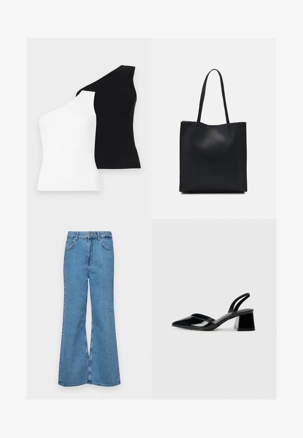 Asymmetriska linnen i vitt och svart. Tillverkade av ribbad tyg med enaxlad design. Slät yta och figurnära passform.; Ljust blå vida jeans i denim, med hög midja, fem fickor och en enda knappstängning. Mjuk textur med blekt finish.; Svarta lackläder slingback klackar med spetsig tå och geometrisk klack. Har en elegant, minimalistisk design och slät yta.; Svart lädertoffelväska med slät textur, rektangulär form och två långa handtag. Ingen synlig hårdvara eller dekorationer.