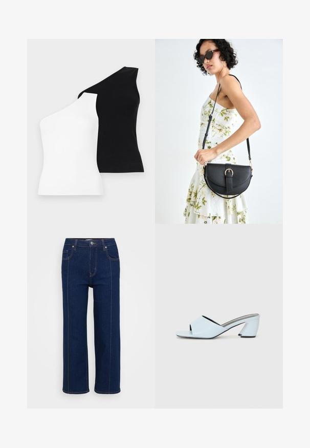 Asymmetrical tank tops in white and black. Made of ribbed fabric with one shoulder design. Smooth texture and fitted shape.; Dark blue straight-leg jeans with button closure, front and back pockets, and visible orange stitching along seams.; Light blue open-toe heeled mules with a geometric design, featuring a wide strap across the foot and a chunky, angular heel.; Black leather handbag with a curved shape, detachable strap, and gold hardware. The bag features a flap with a buckle detail.