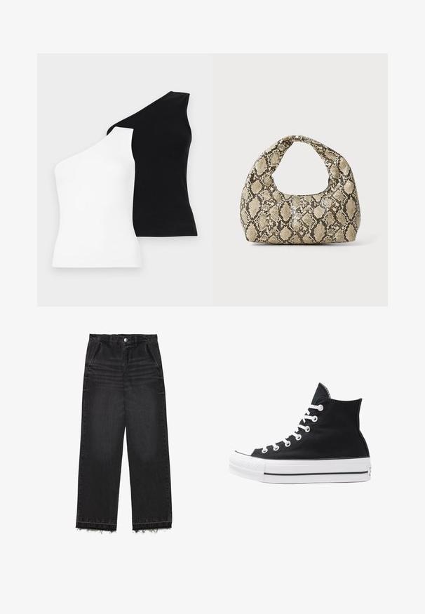 Topos de tanque assimétricos nas cores preto e branco. Feitos de tecido canelado com design de um ombro. Textura suave e forma ajustada.; Calças de ganga pretas com um design de perna reta. Apresentam uma cintura alta, bainha desfiada e uma textura levemente desbotada em todo o tecido. Incluem bolsos frontais.; Shoe de lona preta de cano alto com ilhós, atacadores e sola de borracha brancos. Apresenta um bico texturizado e detalhes em riscas preta e branca.; Bolsa com padrão de pele de cobra e uma alça curva. Feita de materiais texturizados em bege e castanho, apresentando um padrão de diamante distintivo.