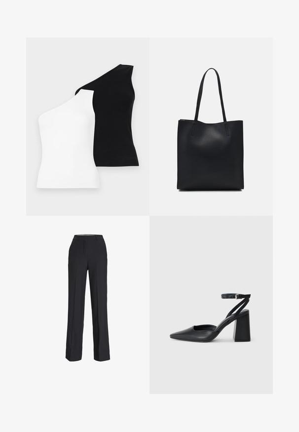 Asimetrinės tankų marškiniai juodos ir baltos spalvos. Pagaminti iš nėrinių audinio su viena peties konstrukcija. Lygi tekstūra ir prigludusi forma.; Juodos, aukšto liemens kelnės su tiesiu kirpimu. Pagamintos iš lygaus audinio, su priekinėmis raukšlėmis ir šoninėmis kišenėmis.; Juoda odinė smailiagalė aukštakulnio bateliai su kulkšnies dirželiu ir storu kulnu. Lygus paviršius, elegantiškas dizainas ir minimalistiška estetinė. ; Juodas odinis tote krepšys su lygia tekstūra, stačiakampio formos ir dviem ilgais rankenomis. Matomų metalinių detalių ar puošybos nėra.