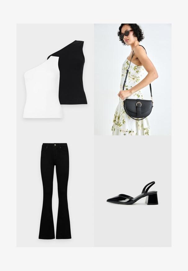 Asimetrične majice bez rukava u bijeloj i crnoj boji. Napravljene od rebraste tkanine s dizajnom jednog ramena. Glatka tekstura i kroj koji se prilagođava tijelu.; Crne traperice viskog struka s kopčanjem na gumb i rajfeslusu, prednjim džepovima i širom nogavicama položene su ravno na bijeloj pozadini.; Crne lakirane kožne sandale s otvorenom petom i špicastim vrhom, s geometrijskom blok petom. Imaju elegantan, minimalistički dizajn i glatku teksturu.; Crna kožna torba s lukovitim oblikom, odvojivim remenom i zlatnim detaljima. Torba ima preklop s kopčom.