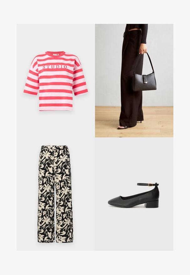 Rožinė ir raudona dryžuota trumpa rankovė marškinė su apvalia iškirpte, centre esantis tekstas "STUDIO". Pagaminta iš minkštos medžiagos.; Juodos plačios kojos kelnės su grietinėlės spalvos gėlių raštu. Pagamintos iš lengvos medžiagos, pasižyminčios lygiapass viršutine tekstūra ir aukštu liemeniu.; Juodas odinis aukštakulnis batelis su smailiu pirštu ir žemu bloku. Su kulkšnies dirželiu su auksinės spalvos sagtimi. Lygus paviršius.; Juodas rankinė struktūrizuota forma, lygi tekstūra ir metalinis užsegimas. Suporuota su plačiomis juodomis kelnėmis ir atvirais bateliais ant medinių grindų.