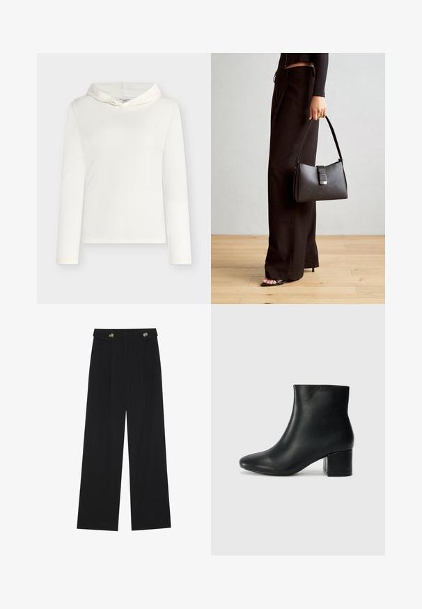 Hanorac alb cu mâneci lungi, confecționat din țesătură cu nervuri, cu o textură moale. Are un guler rotunjit și un design simplu, fără accente.; Pantaloni negri cu picioare largi, talie înaltă, detalii cu butoane pe talie și pliseuri în față.; Cizme negre din piele până la gleznă, cu vârf ascuțit și toc robust. Textură netedă, cu accente minime și un design elegant, ajustat.; Genți negre cu o formă structurată, textură netedă și un închizător metalic. Asortată cu pantaloni negri largi și sandale cu vârf deschis pe un podea din lemn.