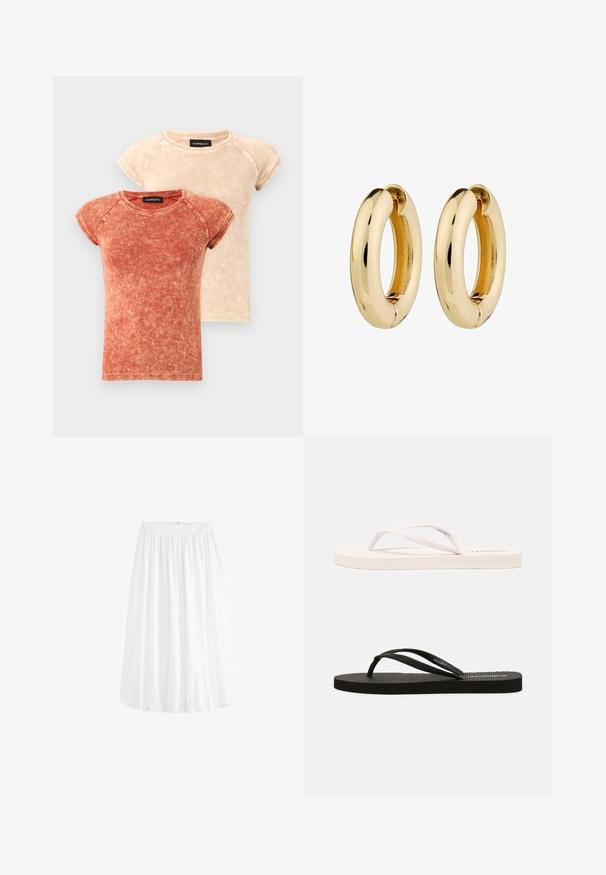 To korteærmede t-shirts med rund hals i falmede røde og beige farver. Stoffet har en vasket tekstur med kontrasterende sømdetaljer.; Hvid, knælang nederdel lavet af letvægtsstof. Har en elastisk talje for justerbar pasform og blødt fald.; Hvide og sorte gummiflip-flops med strukturerede fodsenge, tynde stropper og kontrasterende farver. Hver størrelse har et simpelt design og minimal branding.; Gyldne hoops øreringe med en glat, poleret overflade og rund form. Den indre kant har en subtil splitdetalje til lukning.