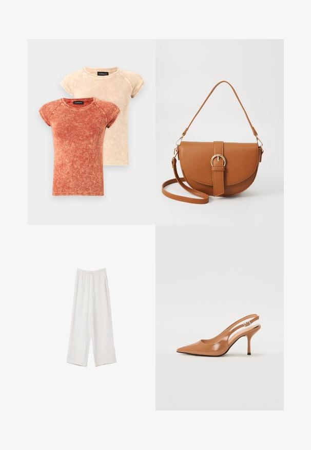 Dvě trička s krátkým rukávem a kulatým výstřihem v bledě červené a béžové barvě. Látka má opranou texturu s kontrastním šitím.; Bílé široké kalhoty vyrobené z lehké tkaniny. Mají elastický pas se šňůrkou a boční kapsy. Hladká textura.; Sandy poprsko s úzkým podpatkem v hladkém, lesklém odstínu tan. Obsahuje zakřivený design s výřezem a štíhlý jehlový podpatek. Detail se stříbrnou sponou.; Hnědá kožená křížová taška s zakřiveným tvarem, zlatými detaily a akcentem s přezkou. Obsahuje odnímatelný popruh na rameno.