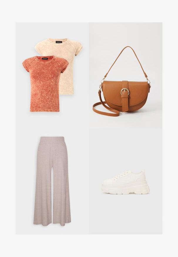 To korteærmede t-shirts med rund hals i falmede røde og beige farver. Stoffet har en vasket tekstur med kontrasterende sømdetaljer.; Lys grå bredbenede bukser lavet af blødt ribbet stof, med høj talje og fuldlængde ben med subtil tekstur.; Hvide lærreds sneakers med en kraftig sål, rund tå og fem snørehuller. Bagstrop for nem påtagning. Glat tekstur, minimalistisk design.; Brun læder crossbody taske med en buet form, guldfarvet hardware og en spændeaccent. Har en aftagelig skulderrem.