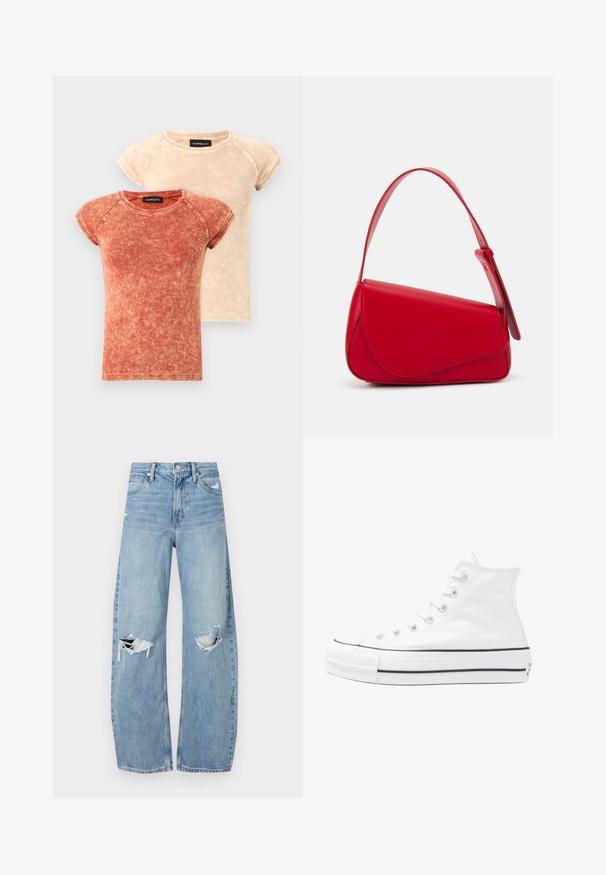 Két rövid ujjú, kerek nyakú póló, elhalványult vörös és bézs színekben. Az anyag mosott textúrával rendelkezik, kontrasztos varrási részletekkel.; Világoskék, magas derekú farmernadrág. Széles lábakkal, két szakadt térddel és klasszikus öt zsebes dizájnnal rendelkezik.; Fehér magaskorsó vászon sportcipő fekete gumi talppal, elülső gumi orrnyereggel és hat fűzőlyukkal, letisztult, minimalista dizájnnal.; Piros bőr kézitáska szögletes, geometrikus kialakítással. Egy állítható pánttal és varrott részletekkel ellátott fedélzárral rendelkezik.